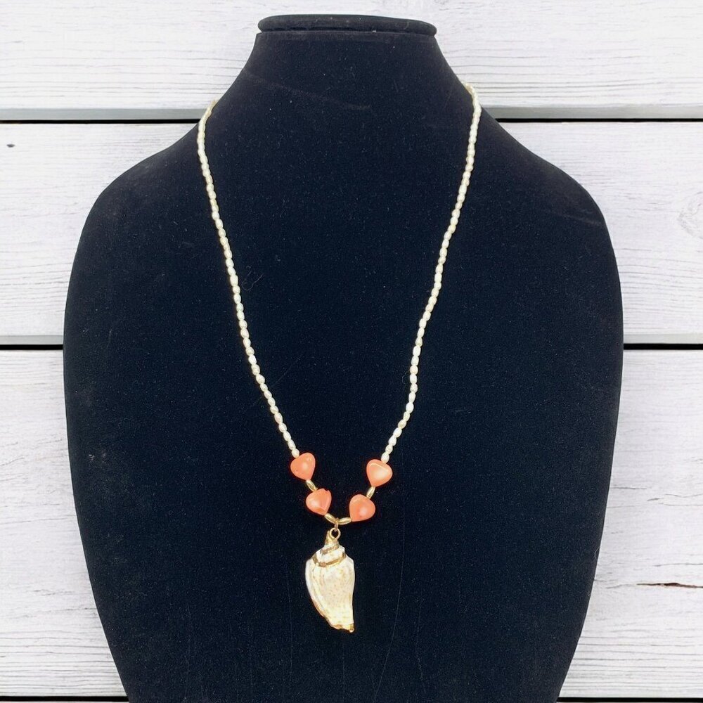 Vintage Seed Pearl Necklace & Shell Pendant Gold & Quartz Beads White Pink Gold